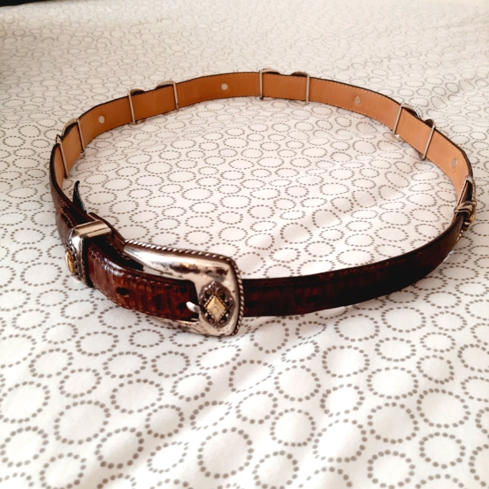 Brighton Brown Leather Belt with Silver Buckle and gold accents. Sz M-L VTG 90s